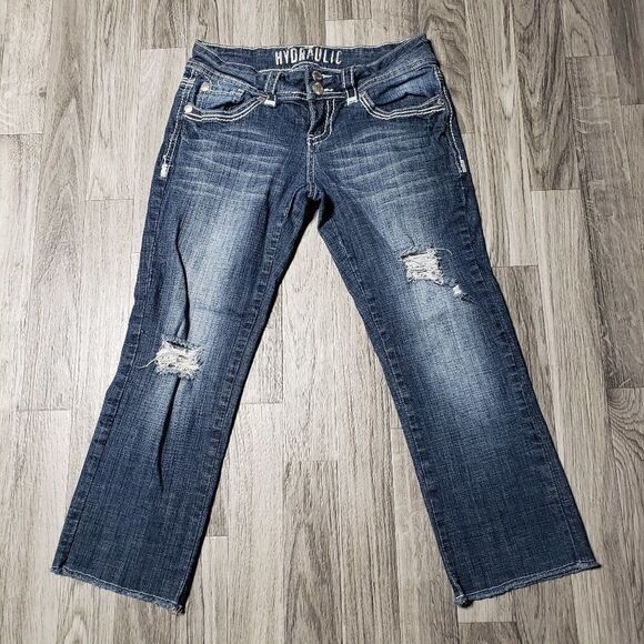 Hydraulic Distressed Embroidered Cropped Jeans - Picture 1 of 16